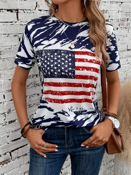 American Flag Print Crew Neck T-Shirt for Women - Casual Short Sleeve Tee for Spring & Summer
