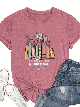 Flower & Book Print Crew Neck T-Shirt, Casual Short Sleeve T-Shirt For Spring & Summer, Women's Clothing