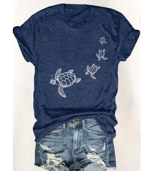 Turtle Print Crew Neck T-Shirt, Casual Short Sleeve T-Shirt For Spring & Summer, Women's Clothing