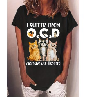 Women's Cat & Letter Print Crew Neck T-Shirt - Casual Short Sleeve Tee for Spring & Summer