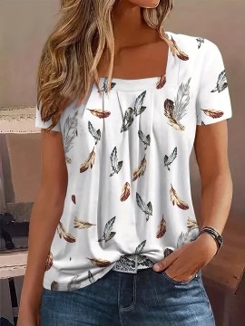 Feather Print Square Neck T-Shirt, Casual Short Sleeve Top For Spring & Summer, Women's Clothing